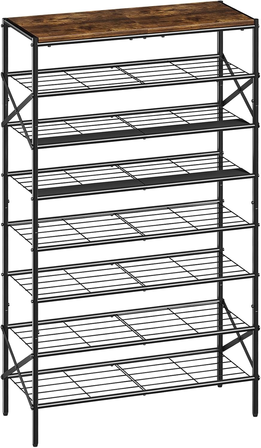 8-Tier Tall Shoe Rack Organizer Shoe Storage for Entryway 24-32 Pairs Metal Shoe Rack for Closet Heavy-Duty Shoe Rack with Wooden Top Shelf for Garage Rustic Brown