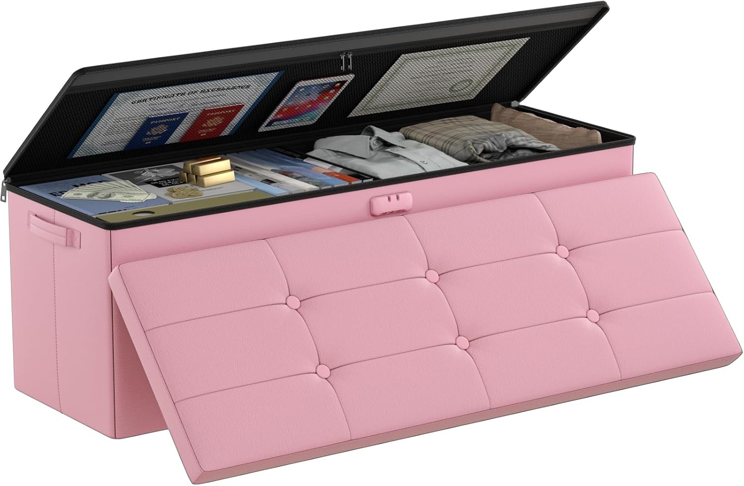 DocSafe Storage Ottoman Bench,Fireproof＆Waterproof Folding Bench with Lock(15”x 43”x15”),Leather Storage Chest with Handles＆2 Extra Boxes,Ottoman Safe for Bedroom,Living Room,Home Office,Black