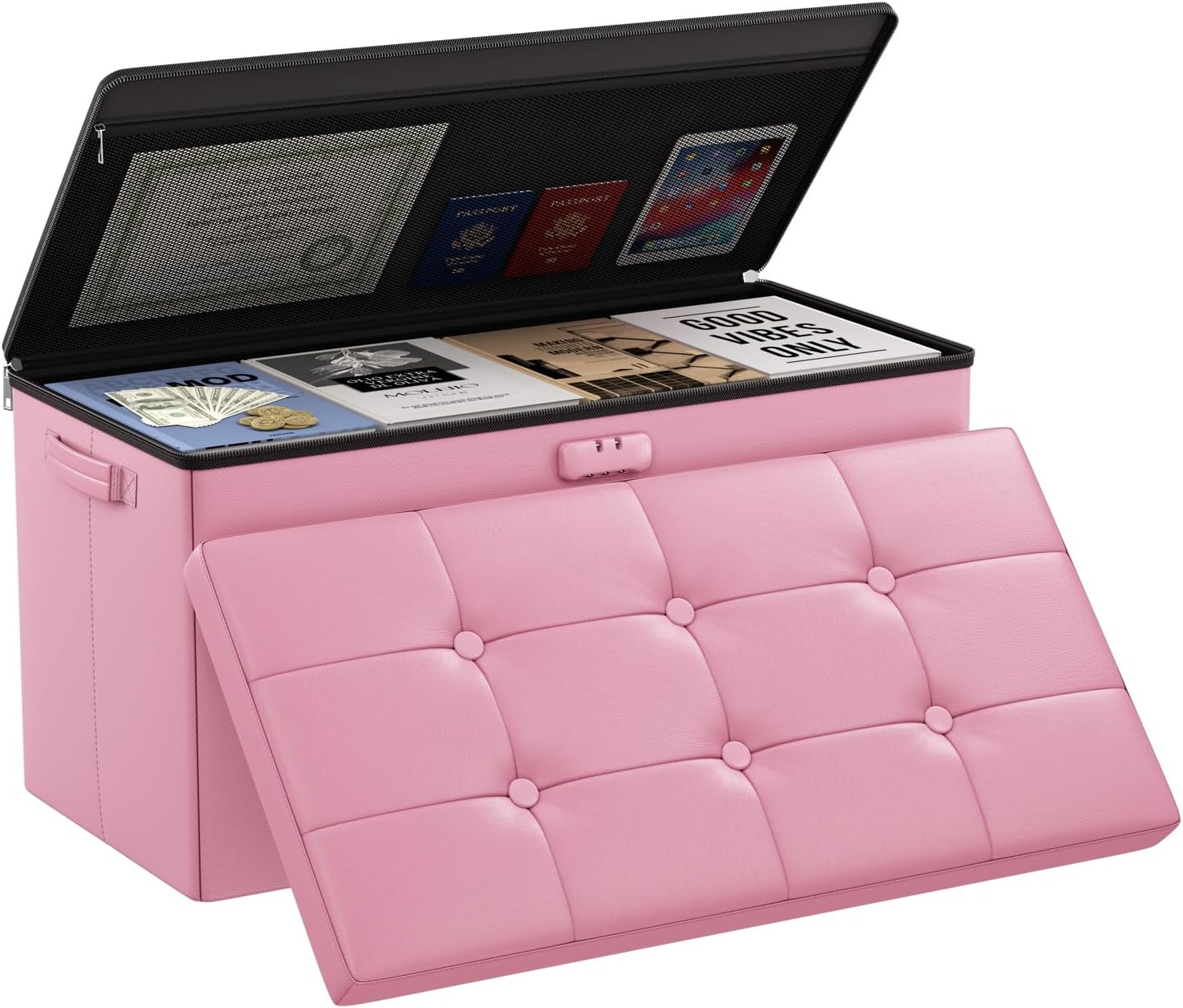 DocSafe Storage Ottoman Bench,Fireproof＆Waterproof Folding Bench with Lock(15”x 43”x15”),Leather Storage Chest with Handles＆2 Extra Boxes,Ottoman Safe for Bedroom,Living Room,Home Office,Black