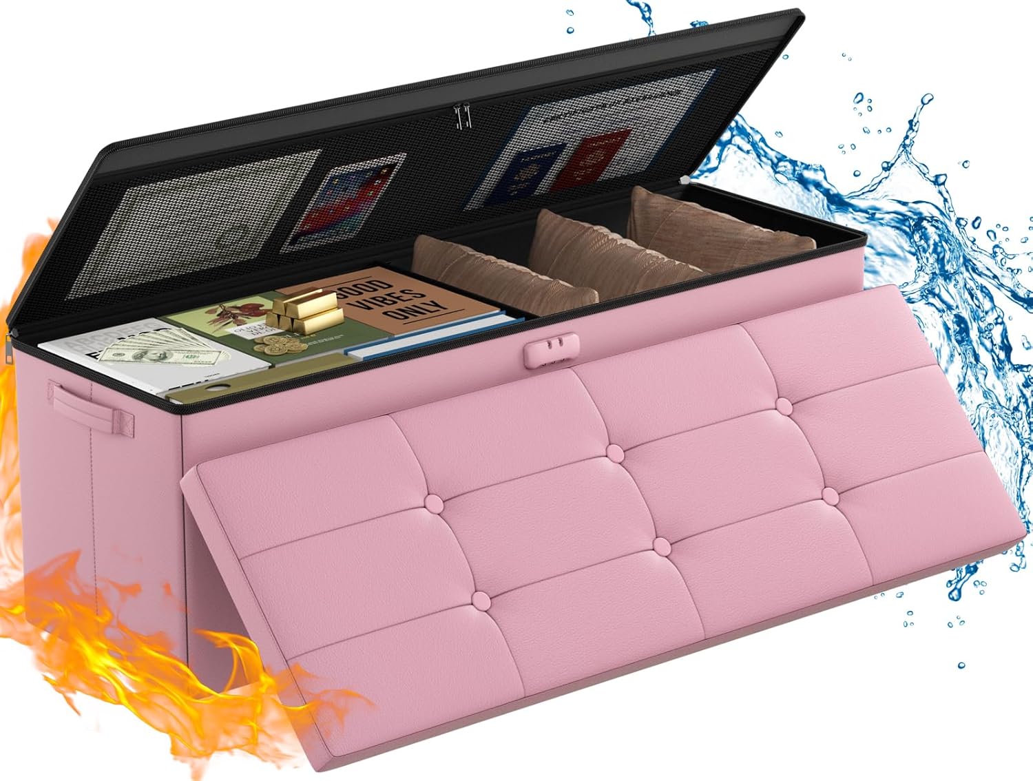 ENGPOW Storage Ottoman, Fireproof Folding Bench with Lock(15”x 43”x15”), Water-Resistant ＆ Heat Insulation Large Storage Chest with Handles＆2 Extra Boxes Safe for Living Room, Bedroom, Home, Black