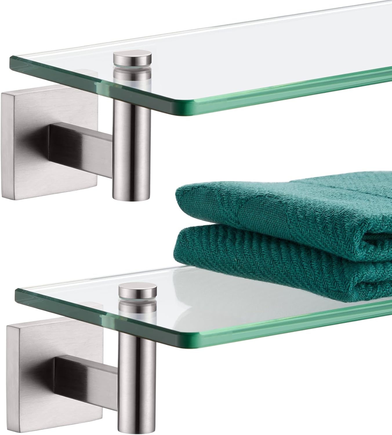 KOKOSIRI Wall Shelves Floating Shelf 16'' Gold Stainless Steel Bathroom Hardware Tempered Glass Hanging Rack Storage/Room Decor 2 Pack B1105BG-L16-P2