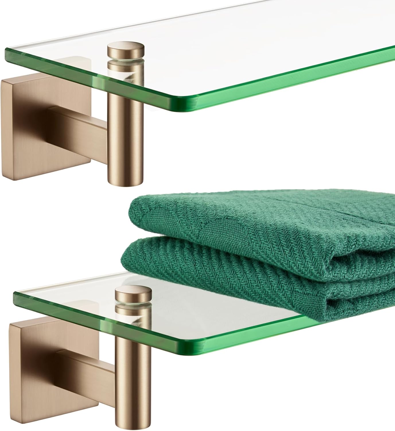 KOKOSIRI Wall Shelves Floating Shelf 16'' Gold Stainless Steel Bathroom Hardware Tempered Glass Hanging Rack Storage/Room Decor 2 Pack B1105BG-L16-P2