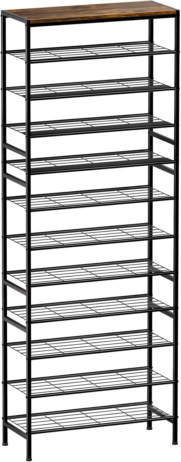 8-Tier Tall Shoe Rack Organizer Shoe Storage for Entryway 24-32 Pairs Metal Shoe Rack for Closet Heavy-Duty Shoe Rack with Wooden Top Shelf for Garage Rustic Brown