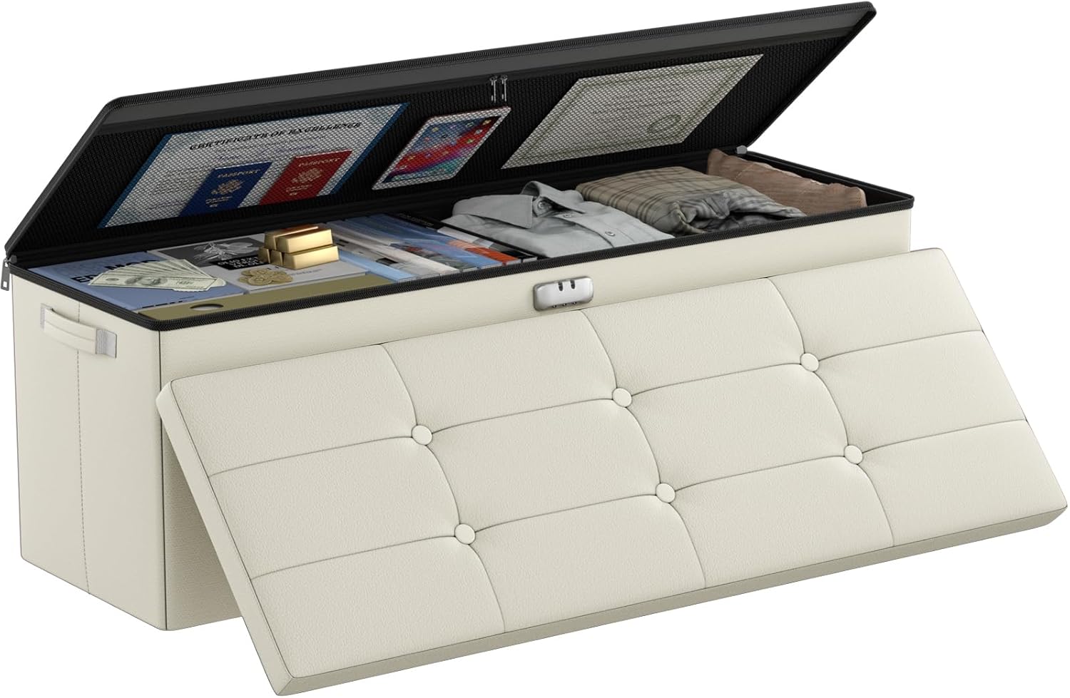 DocSafe Storage Ottoman Bench,Fireproof＆Waterproof Folding Bench with Lock(15”x 43”x15”),Leather Storage Chest with Handles＆2 Extra Boxes,Ottoman Safe for Bedroom,Living Room,Home Office,Black