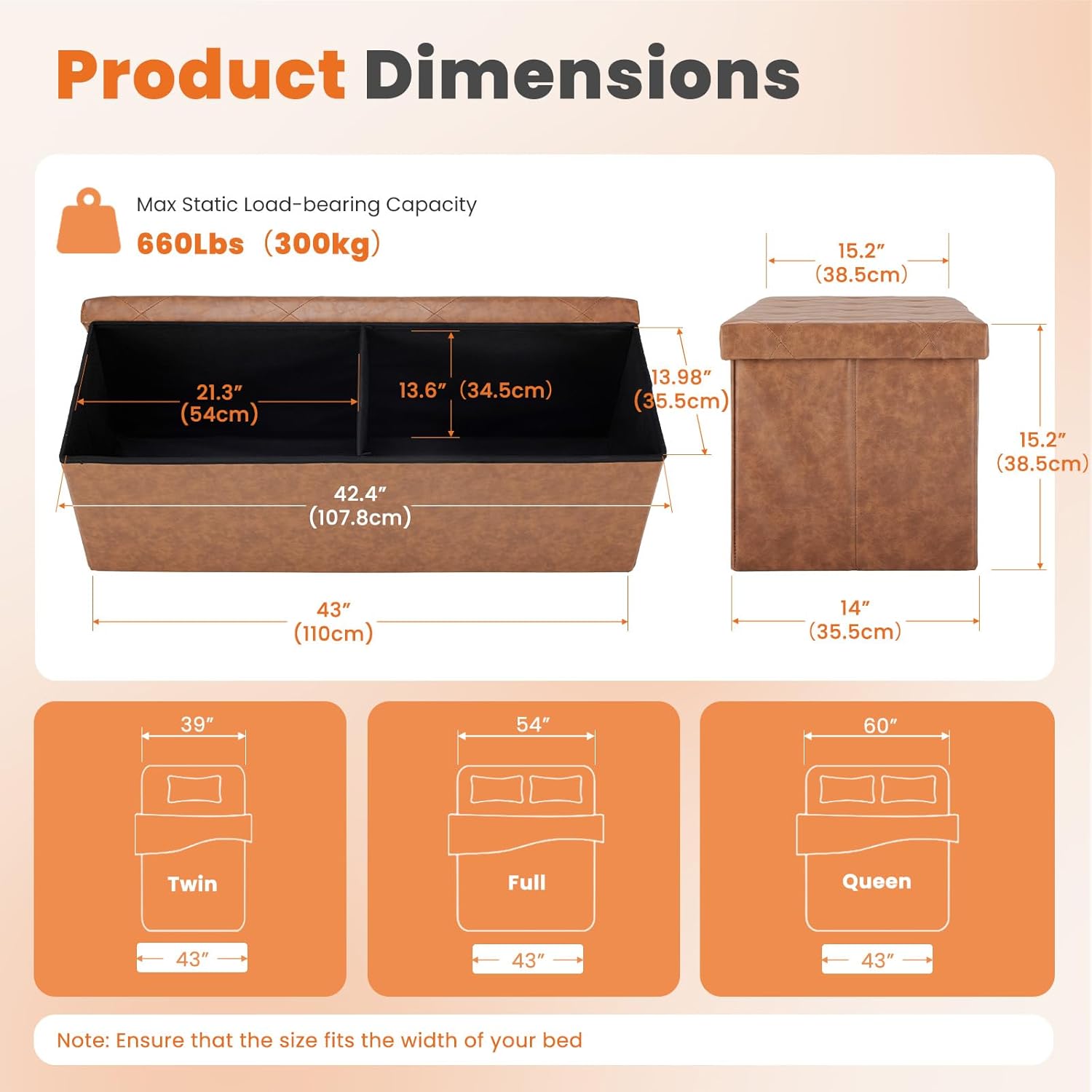 Sweetcrispy 43 Inches Folding Ottoman with Storage Bench, Foot Rest Stool, End of Bed Storage Bench Upholstered, Load 660 lbs, for Living Room, Synthetic Leather, Brown