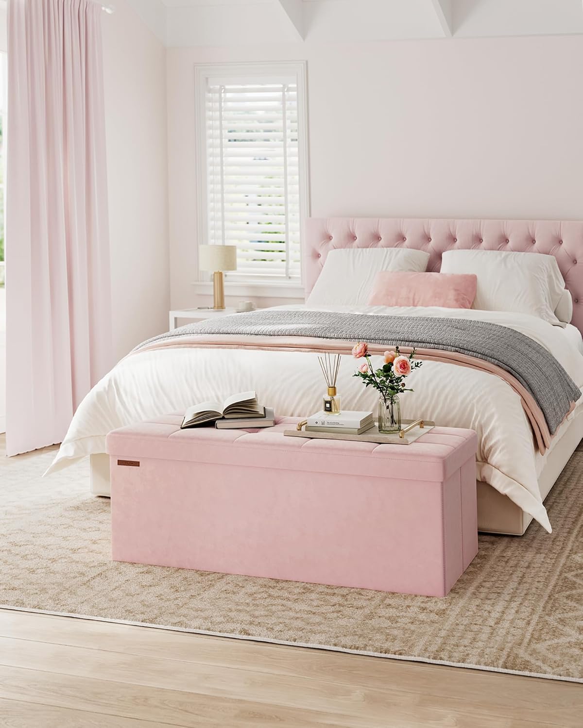 SONGMICS Mazie Collection - Storage Ottoman Bench, Foldable Foot Rest, 15 x 43 x 15 Inches, End of Bed Bench, Storage Chest, Load 660 lb, Living Room, Bedroom, Entryway, Jelly Pink ULSF277R01