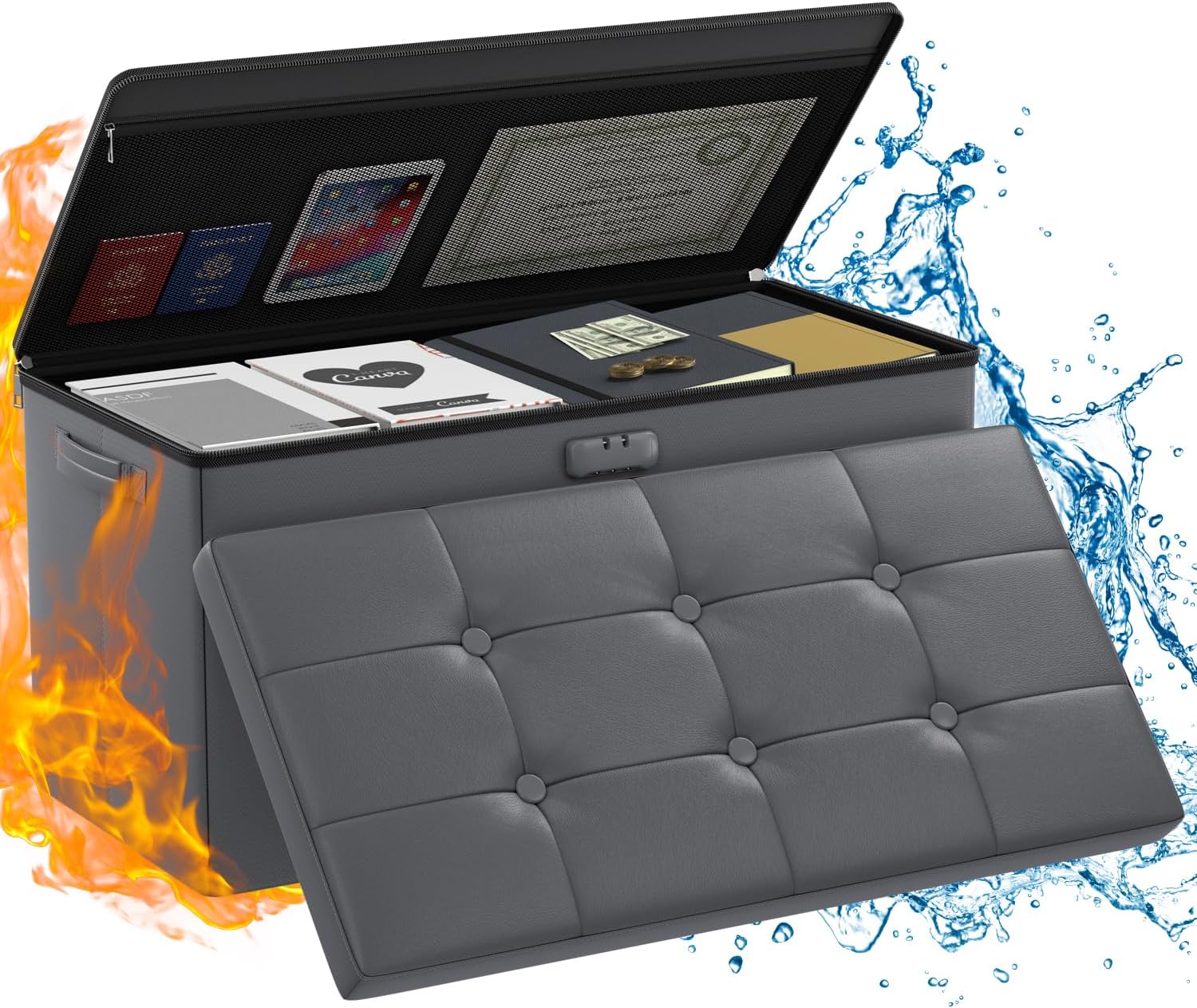 ENGPOW Storage Ottoman, Fireproof Folding Bench with Lock(15”x 43”x15”), Water-Resistant ＆ Heat Insulation Large Storage Chest with Handles＆2 Extra Boxes Safe for Living Room, Bedroom, Home, Black