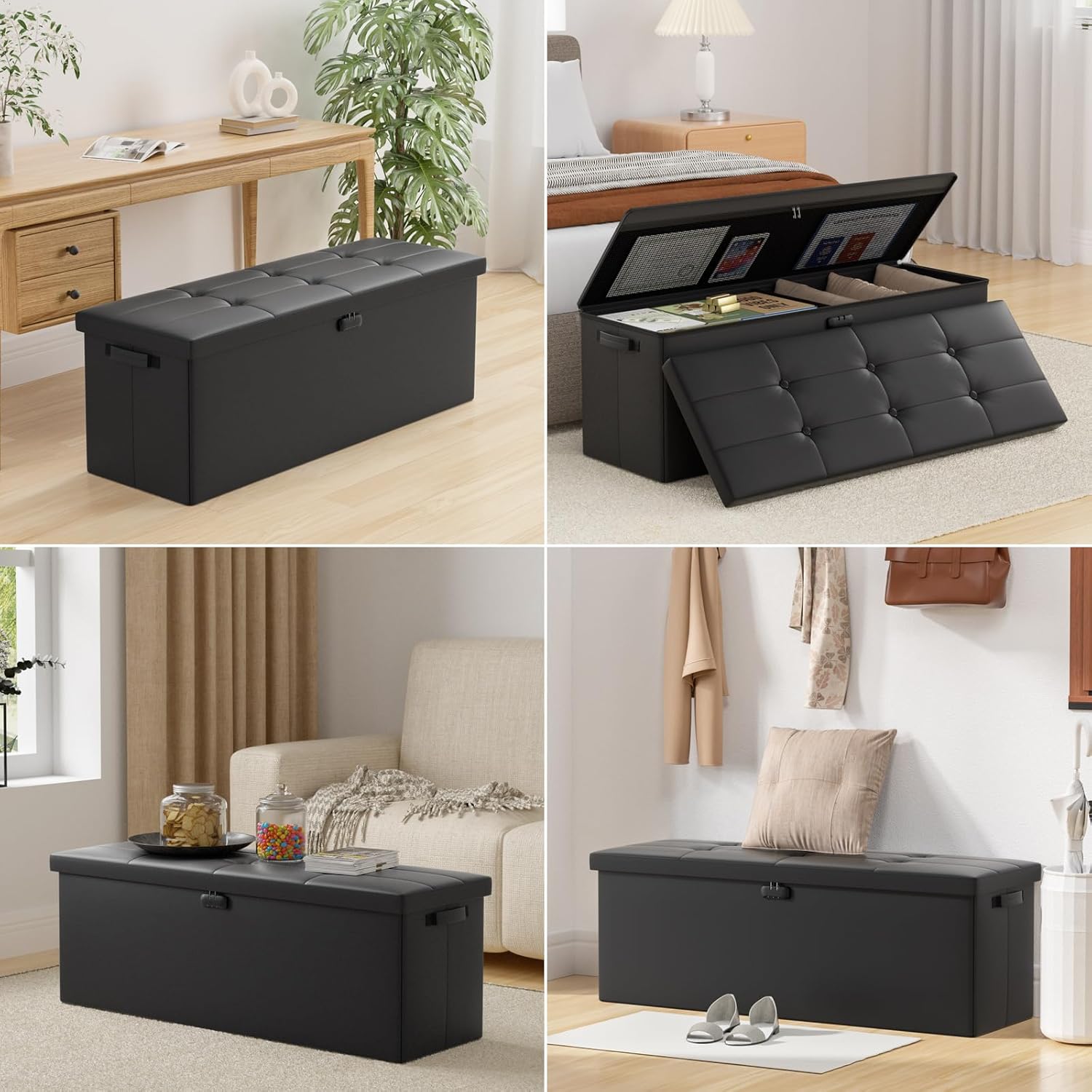 ENGPOW Storage Ottoman, Fireproof Folding Bench with Lock(15”x 43”x15”), Water-Resistant ＆ Heat Insulation Large Storage Chest with Handles＆2 Extra Boxes Safe for Living Room, Bedroom, Home, Black