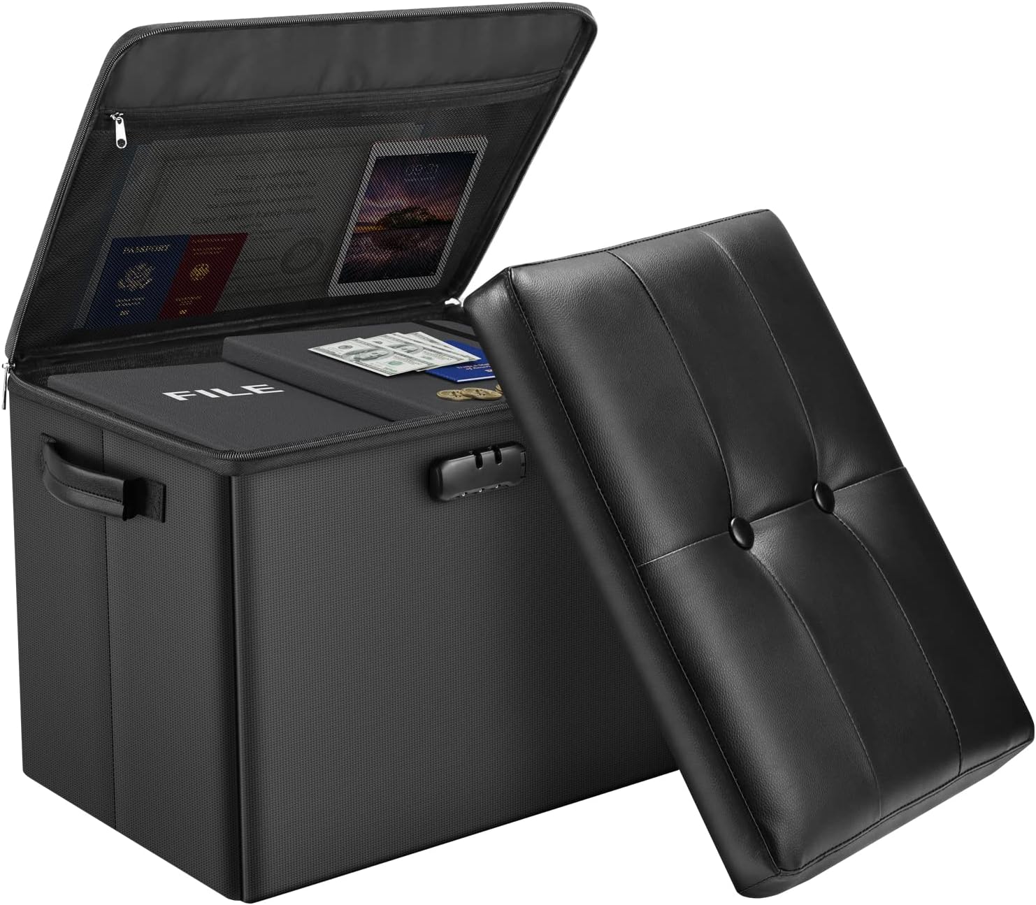 DocSafe Storage Ottoman Bench,Fireproof＆Waterproof Folding Bench with Lock(15”x 43”x15”),Leather Storage Chest with Handles＆2 Extra Boxes,Ottoman Safe for Bedroom,Living Room,Home Office,Black