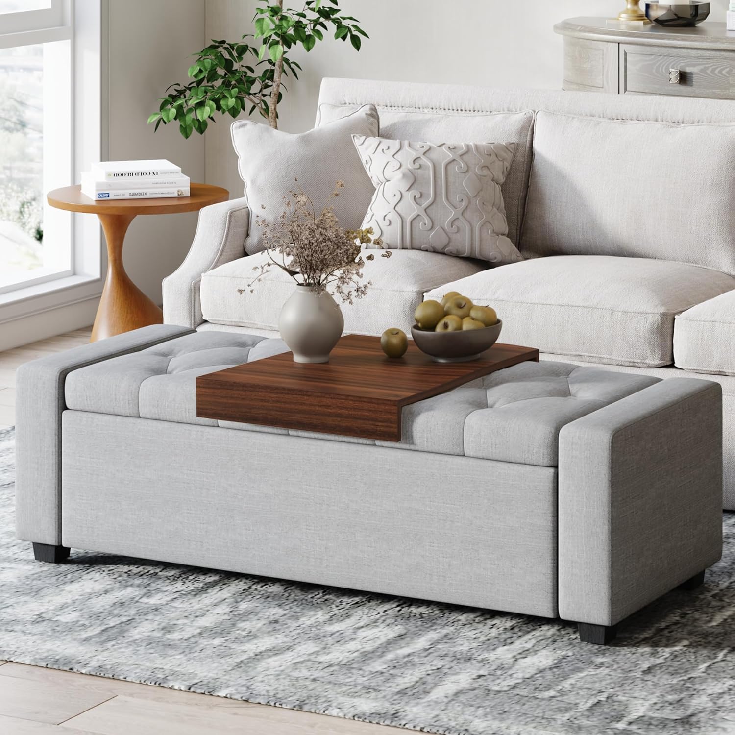 Storage Ottoman Bench with Tray,Large Entryway Ottoman with Storage, Rectangular Bench with Cushion and Safety Hinge for Living Room Bedroom