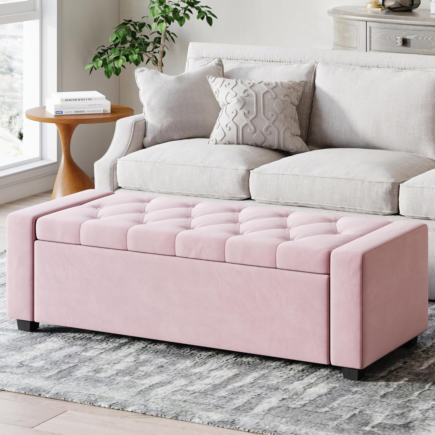 Storage Ottoman Bench with Tray,Large Entryway Ottoman with Storage, Rectangular Bench with Cushion and Safety Hinge for Living Room Bedroom