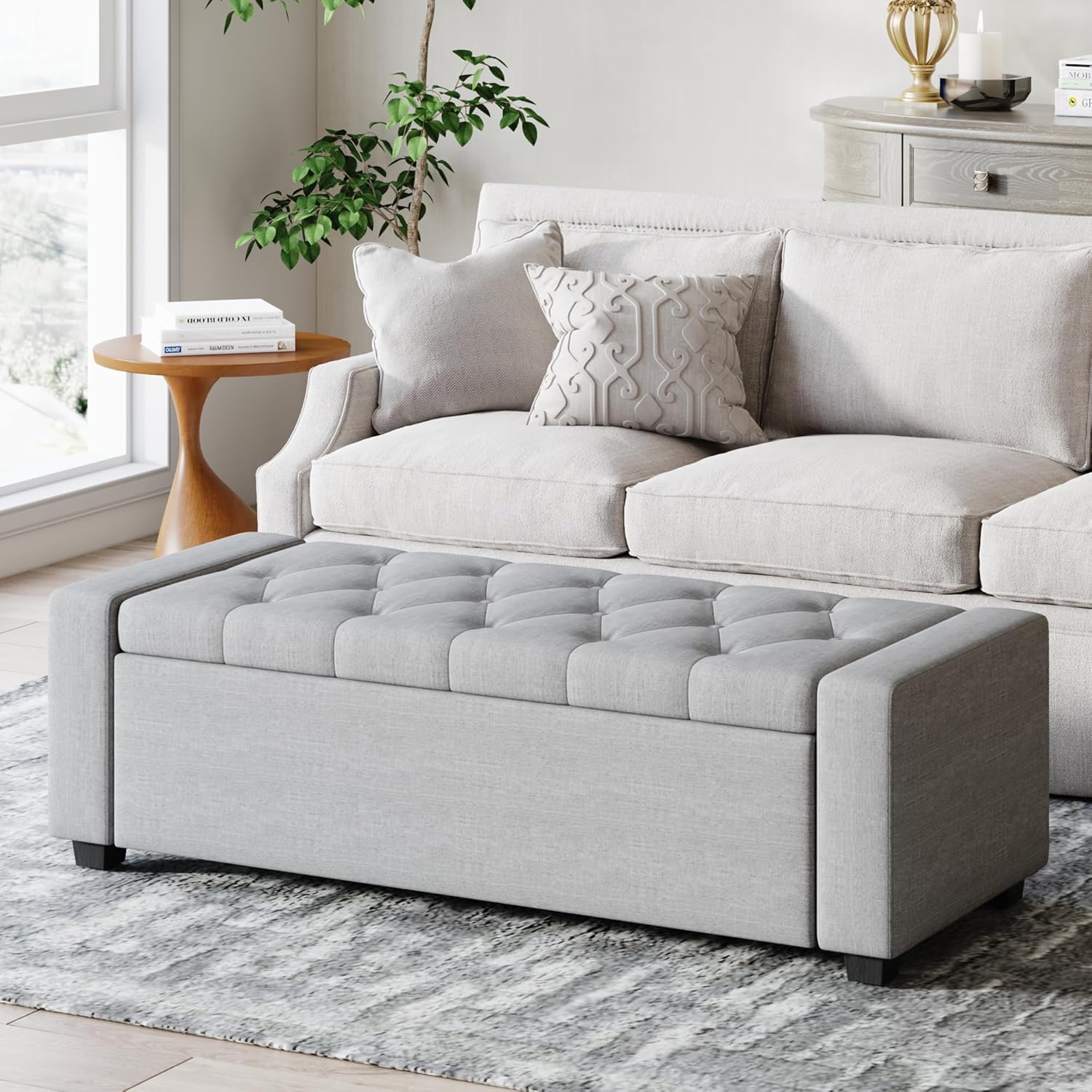 Storage Ottoman Bench with Tray,Large Entryway Ottoman with Storage, Rectangular Bench with Cushion and Safety Hinge for Living Room Bedroom