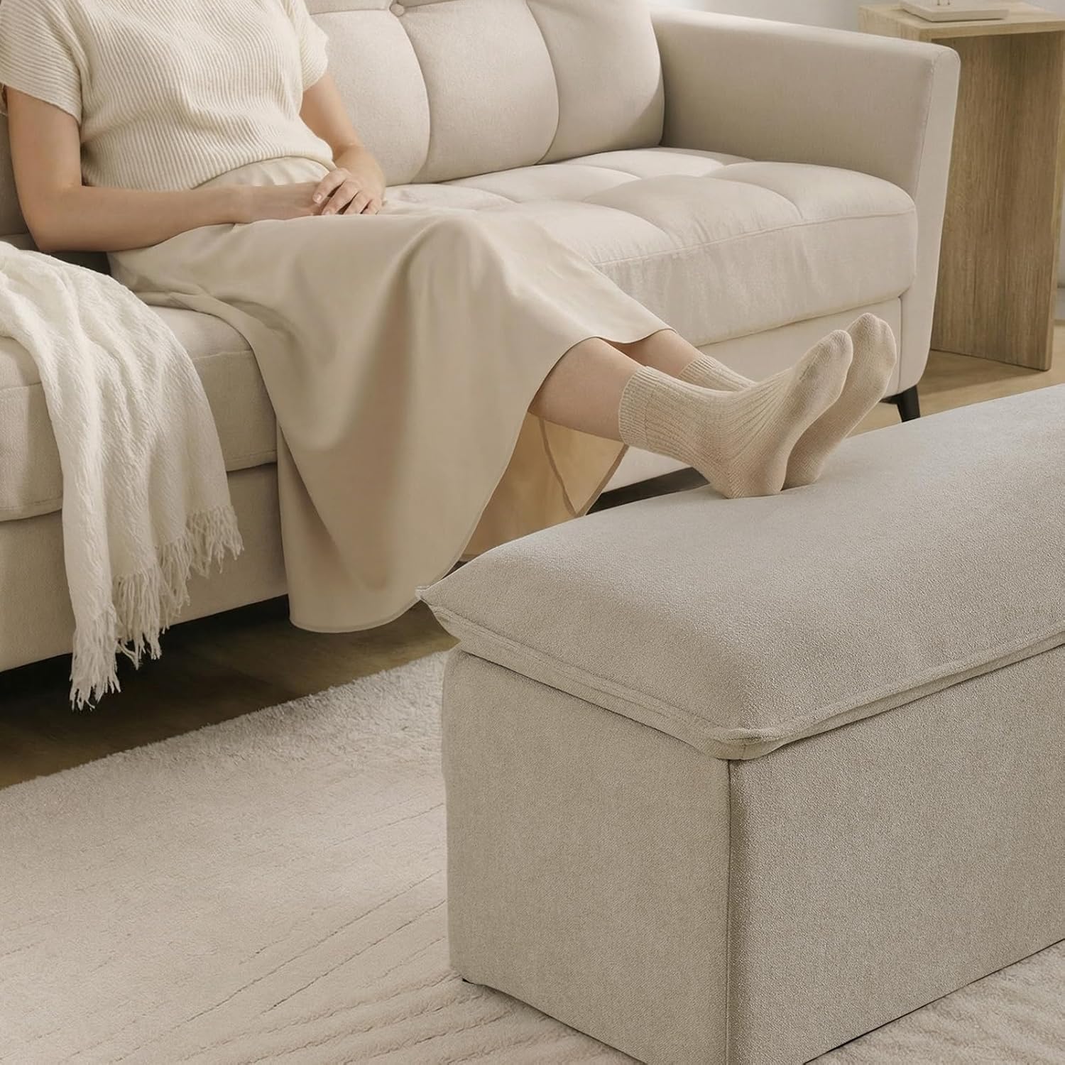 CIMOTA Storage Ottoman Bench, Upholstered End of Bed Storage Bench with Safety Hinge, Large Storage Chest with Seating, Modern Entryway Bench for Bedroom, Living Room, Chenille Oatmeal