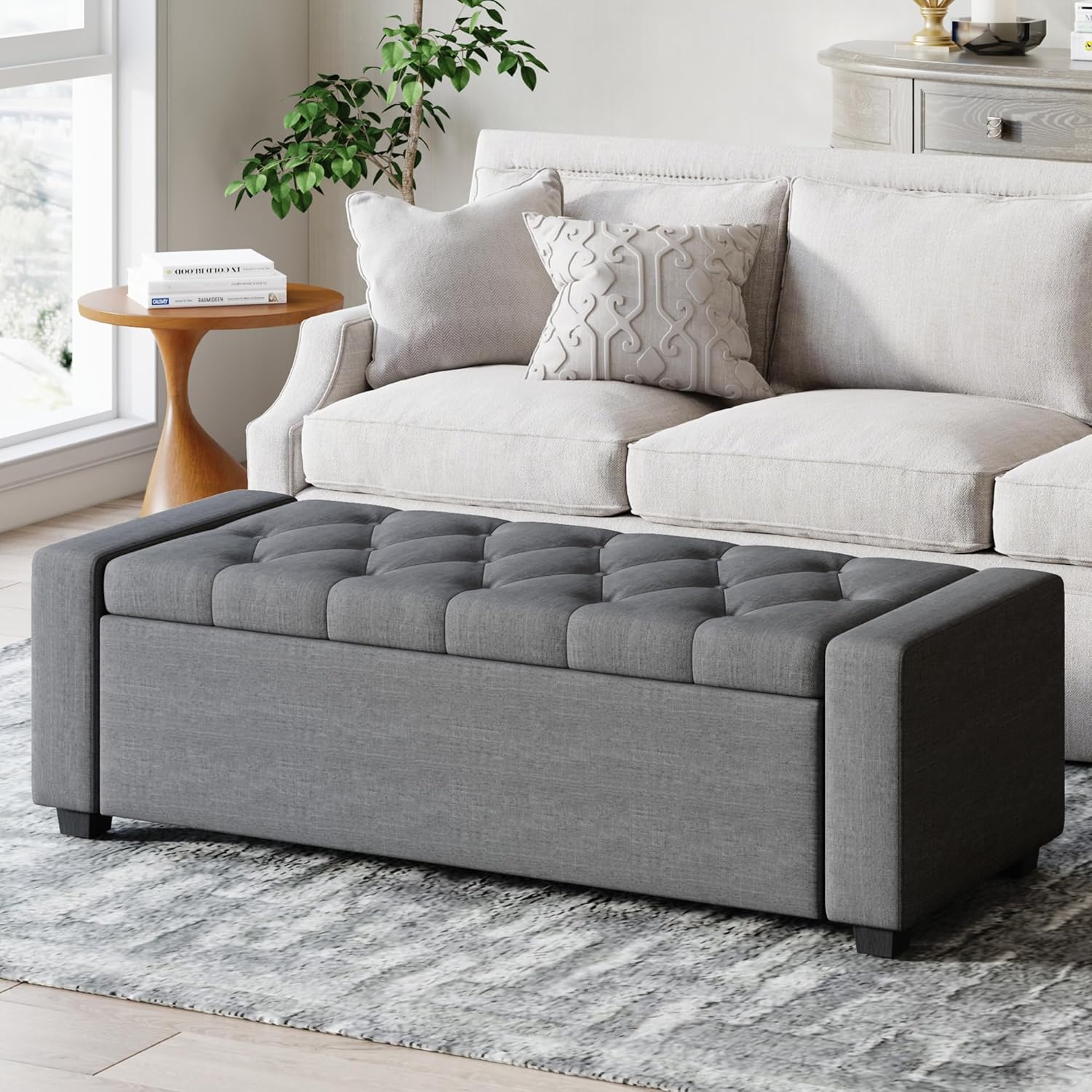 Storage Ottoman Bench with Tray,Large Entryway Ottoman with Storage, Rectangular Bench with Cushion and Safety Hinge for Living Room Bedroom