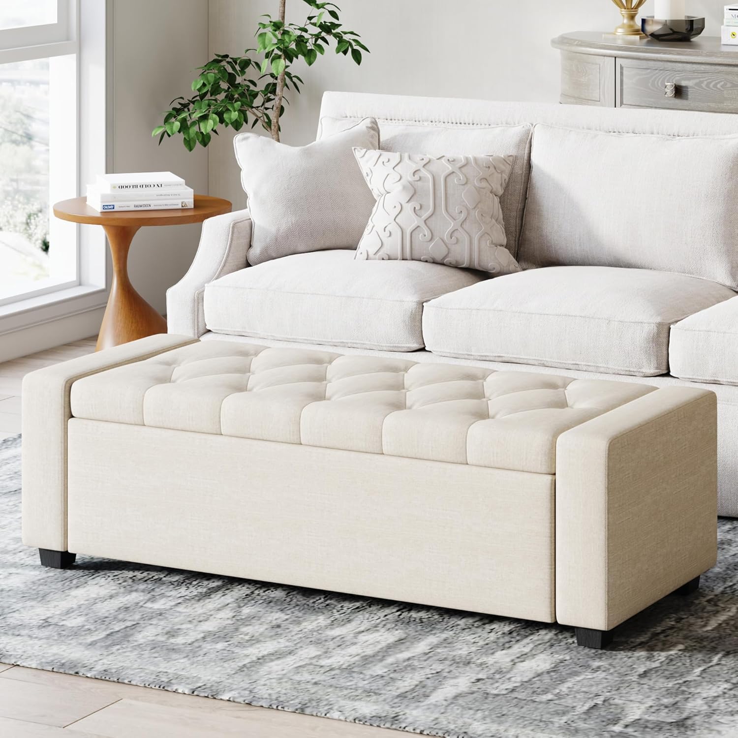 Storage Ottoman Bench with Tray,Large Entryway Ottoman with Storage, Rectangular Bench with Cushion and Safety Hinge for Living Room Bedroom