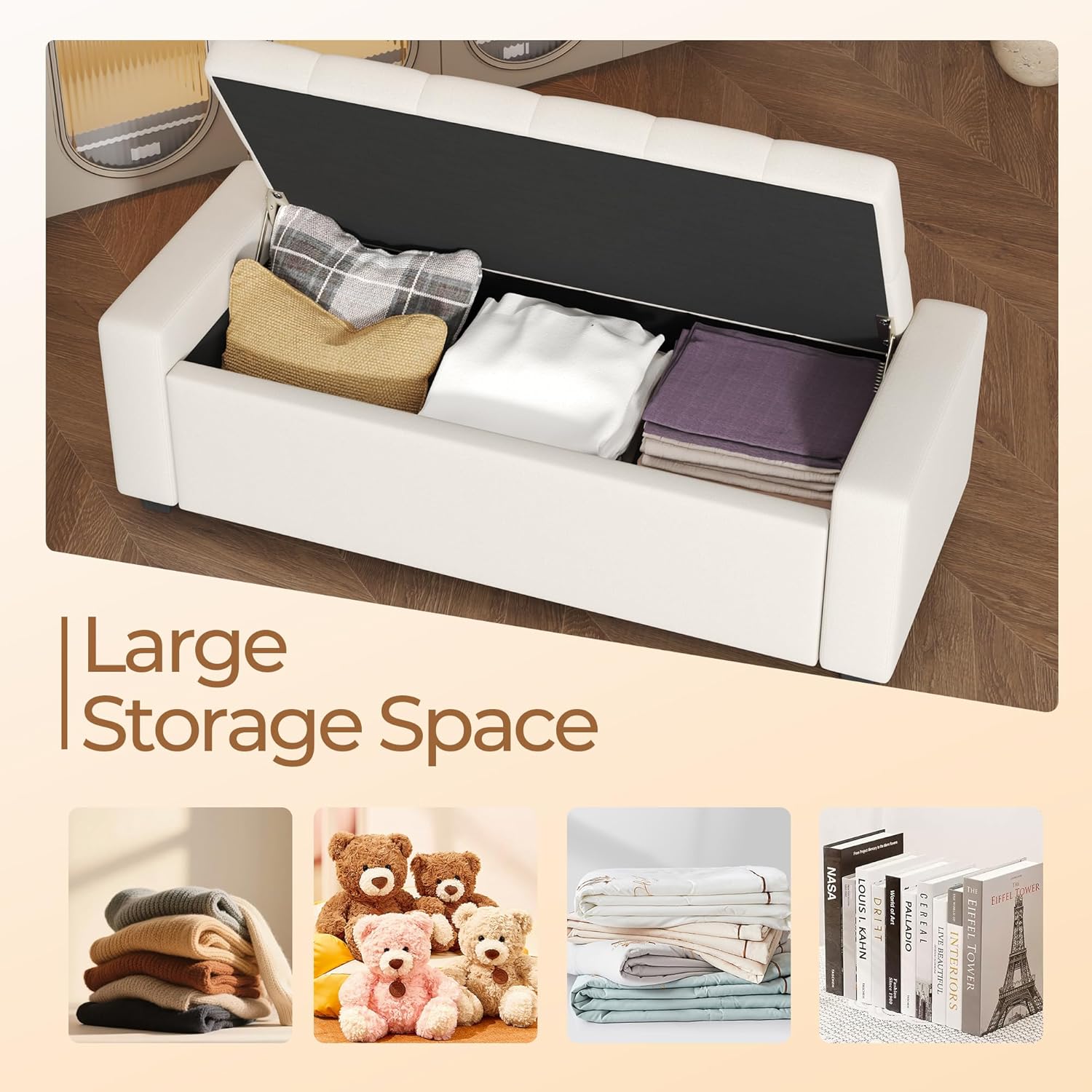 Storage Ottoman Bench with Tray,Large Entryway Ottoman with Storage, Rectangular Bench with Cushion and Safety Hinge for Living Room Bedroom