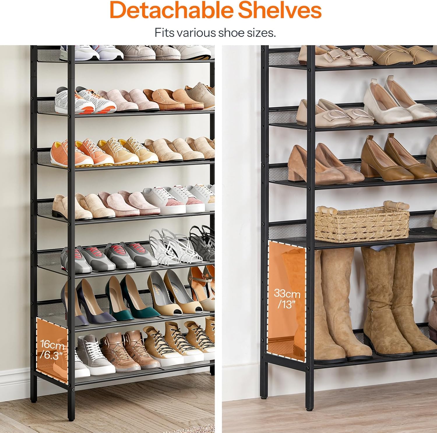 HOOBRO 8-Tier Shoe Rack, 29.5"L Shoe Shelf, Large Capacity Shoe Storage Organizer for 21-24 Pairs of Shoes, Front Door Entrance, Entryway, Hallway, Closet, Space Saver, Rustic Brown and Black BF18XJ01