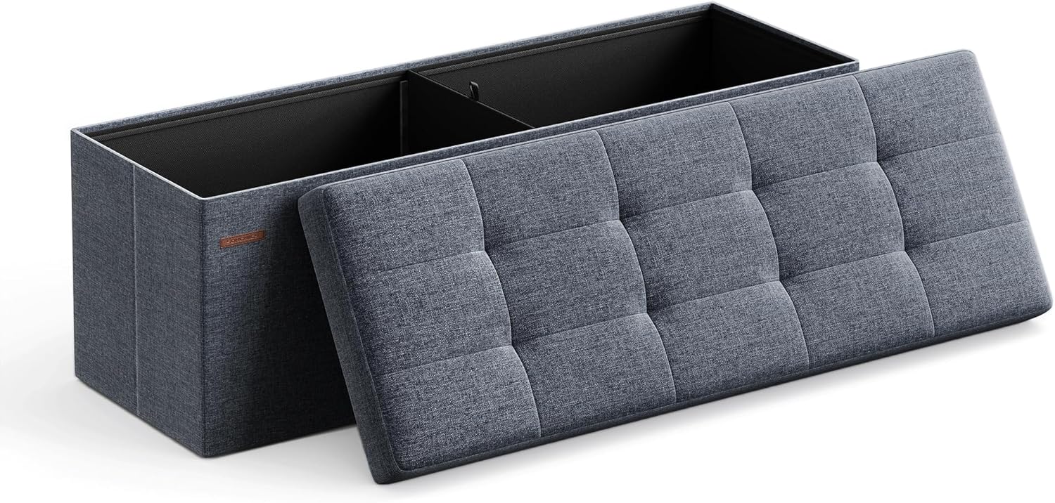 SONGMICS MAZIE Collection - 43 Inches Folding Storage Ottoman Bench, Ottoman Foot Rest, End of Bed Bench, Storage Chest, Load 660 lb, for Living Room, Bedroom, Entryway, Ink Black ULSF077B01