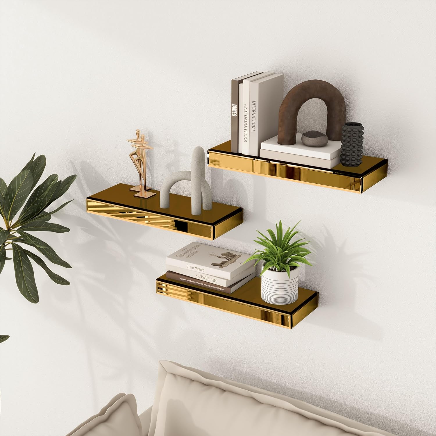 SHYFOY Glass Finish Wall Shelves Set of 3, with Invisible Brackets for Bathroom, Living Room, Bedroom & Kitchen