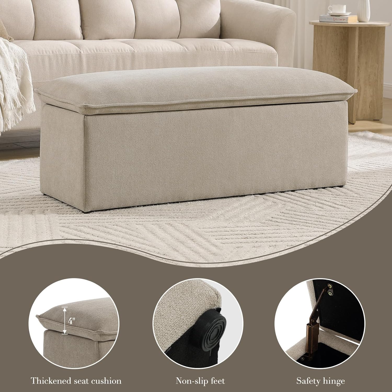 CIMOTA Storage Ottoman Bench, Upholstered End of Bed Storage Bench with Safety Hinge, Large Storage Chest with Seating, Modern Entryway Bench for Bedroom, Living Room, Chenille Oatmeal