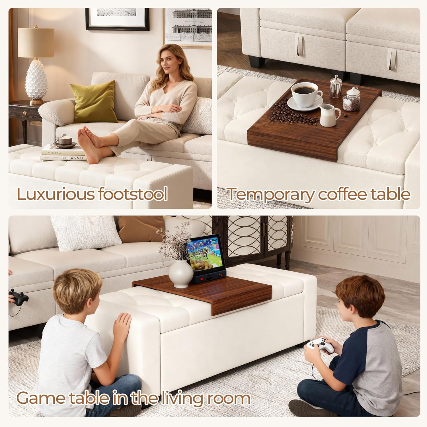 Storage Ottoman Bench with Tray,Large Entryway Ottoman with Storage, Rectangular Bench with Cushion and Safety Hinge for Living Room Bedroom