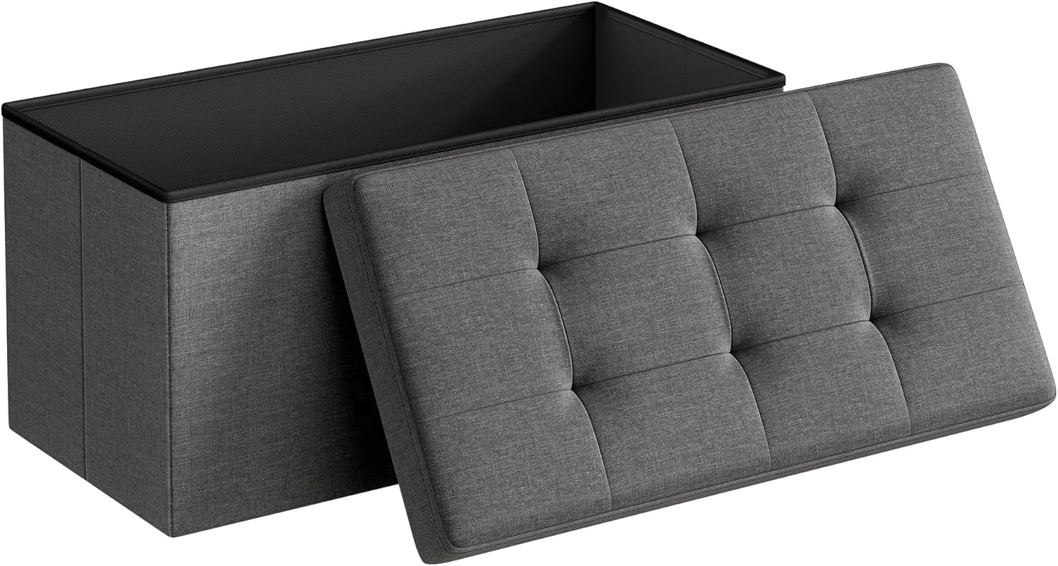 SONGMICS MAZIE Collection - 43 Inches Folding Storage Ottoman Bench, Ottoman Foot Rest, End of Bed Bench, Storage Chest, Load 660 lb, for Living Room, Bedroom, Entryway, Ink Black ULSF077B01