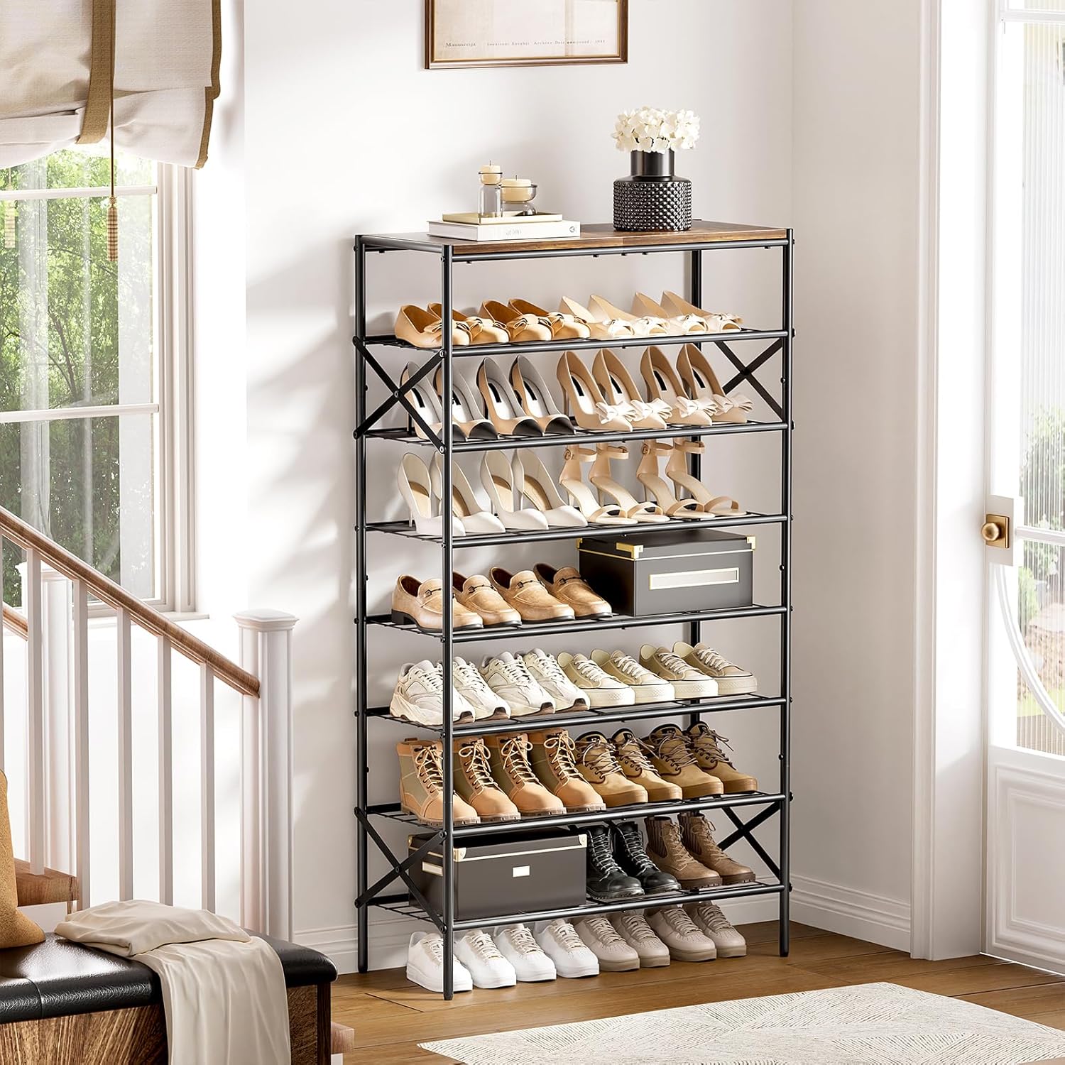 8-Tier Tall Shoe Rack Organizer Shoe Storage for Entryway 24-32 Pairs Metal Shoe Rack for Closet Heavy-Duty Shoe Rack with Wooden Top Shelf for Garage Rustic Brown