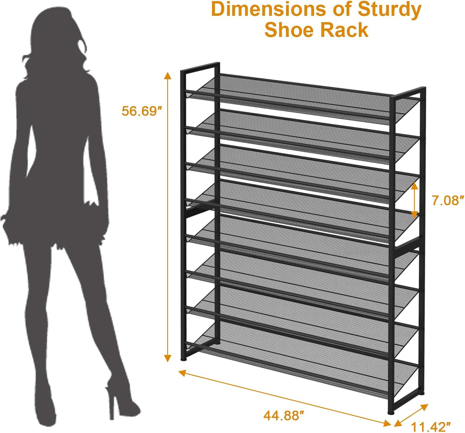 Large Shoe Rack 8 Tier Shoe Organizer, Heavy Duty Metal 4-Tier Stackable Shoe Storage Vertical Shoe Rack for Closet Front Door Entrance, Up to 50 Pairs, 44.8" W x 11.4" D x 56.7" H, Black