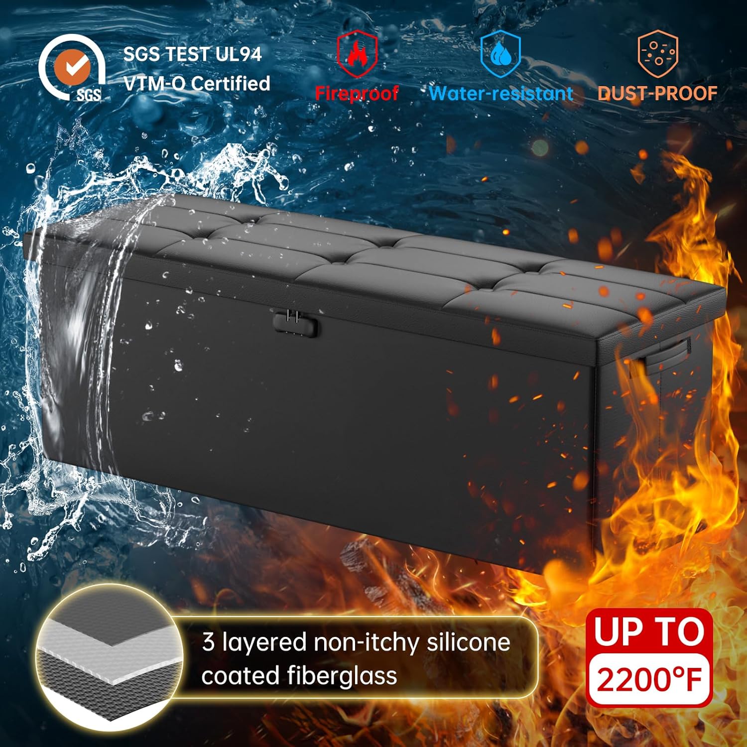 DocSafe Storage Ottoman Bench,Fireproof＆Waterproof Folding Bench with Lock(15”x 43”x15”),Leather Storage Chest with Handles＆2 Extra Boxes,Ottoman Safe for Bedroom,Living Room,Home Office,Black