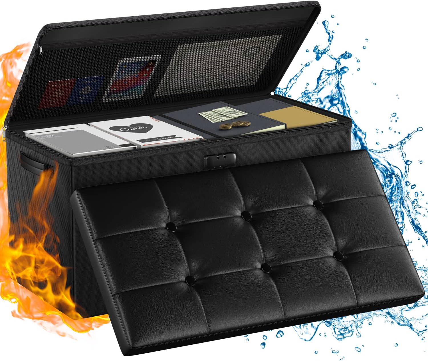 ENGPOW Storage Ottoman, Fireproof Folding Bench with Lock(15”x 43”x15”), Water-Resistant ＆ Heat Insulation Large Storage Chest with Handles＆2 Extra Boxes Safe for Living Room, Bedroom, Home, Black