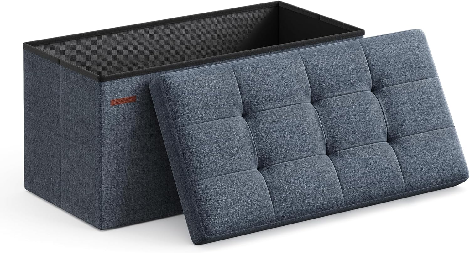 SONGMICS MAZIE Collection - 43 Inches Folding Storage Ottoman Bench, Ottoman Foot Rest, End of Bed Bench, Storage Chest, Load 660 lb, for Living Room, Bedroom, Entryway, Ink Black ULSF077B01