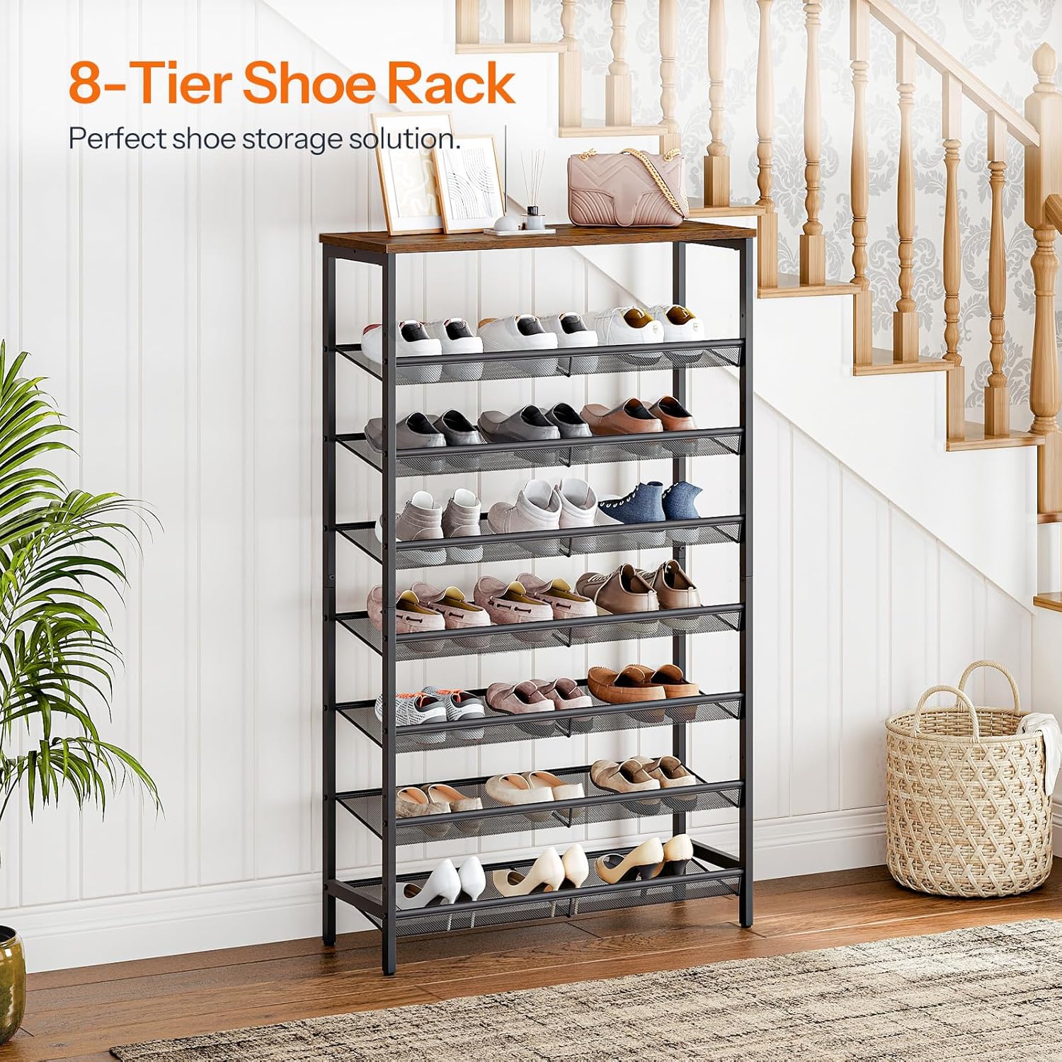 HOOBRO 8-Tier Shoe Rack, 29.5"L Shoe Shelf, Large Capacity Shoe Storage Organizer for 21-24 Pairs of Shoes, Front Door Entrance, Entryway, Hallway, Closet, Space Saver, Rustic Brown and Black BF18XJ01