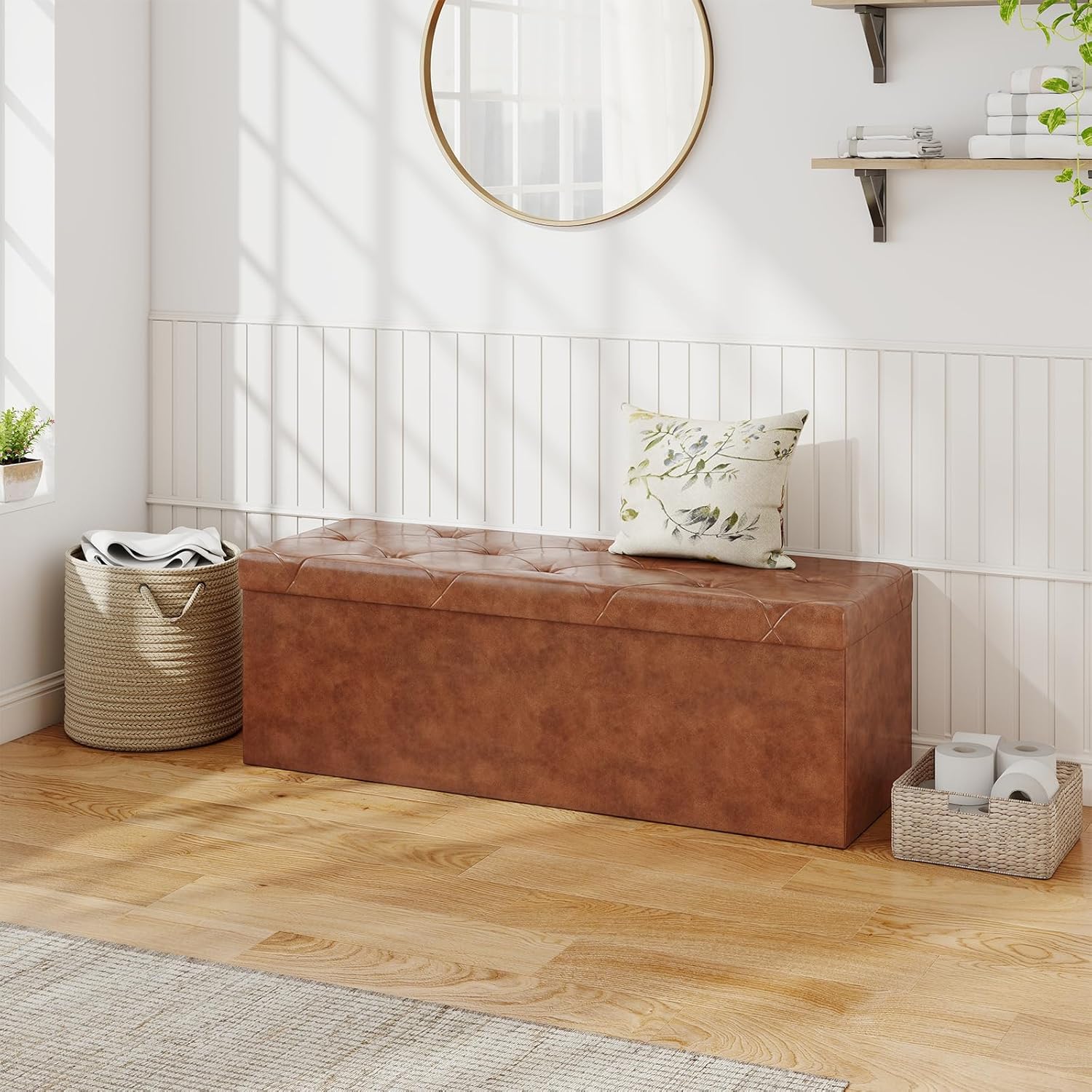 Sweetcrispy 43 Inches Folding Ottoman with Storage Bench, Foot Rest Stool, End of Bed Storage Bench Upholstered, Load 660 lbs, for Living Room, Synthetic Leather, Brown