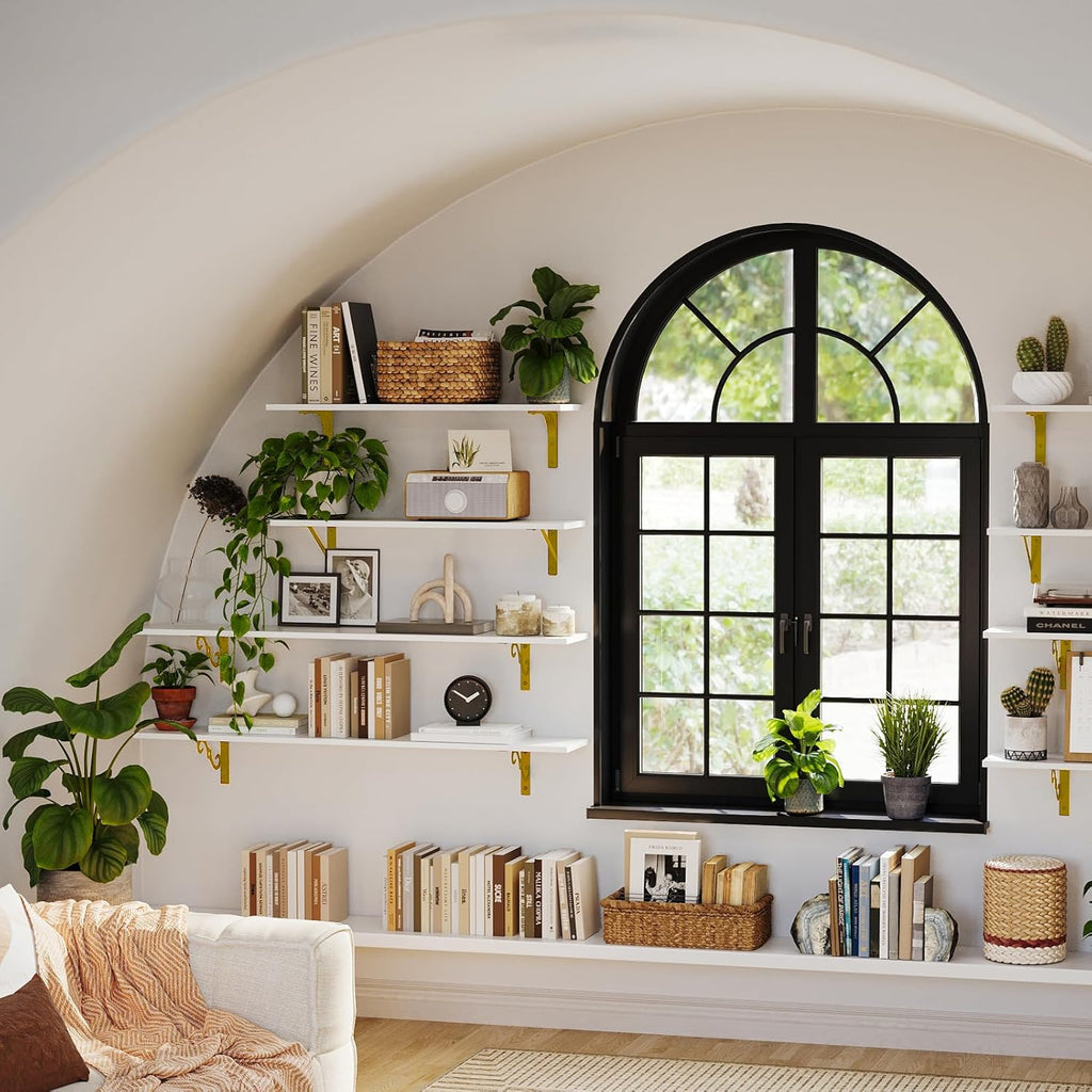 DINZI LVJ Long Wall Shelves, Set of 4, 39.4Inch Wall Mounted Shelves, Floating Shelves for Wall Storage with Metal Brackets, for Living Room, Bathroom, Bedroom, Kitchen, White and Gold