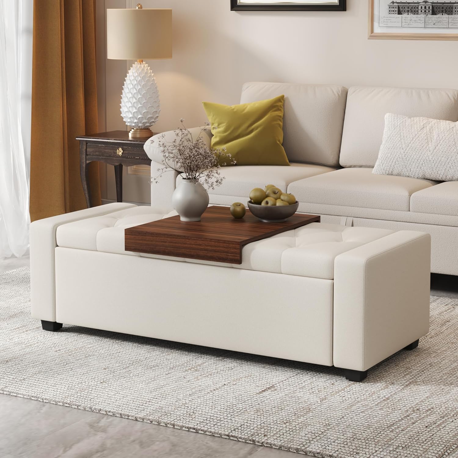 Storage Ottoman Bench with Tray,Large Entryway Ottoman with Storage, Rectangular Bench with Cushion and Safety Hinge for Living Room Bedroom