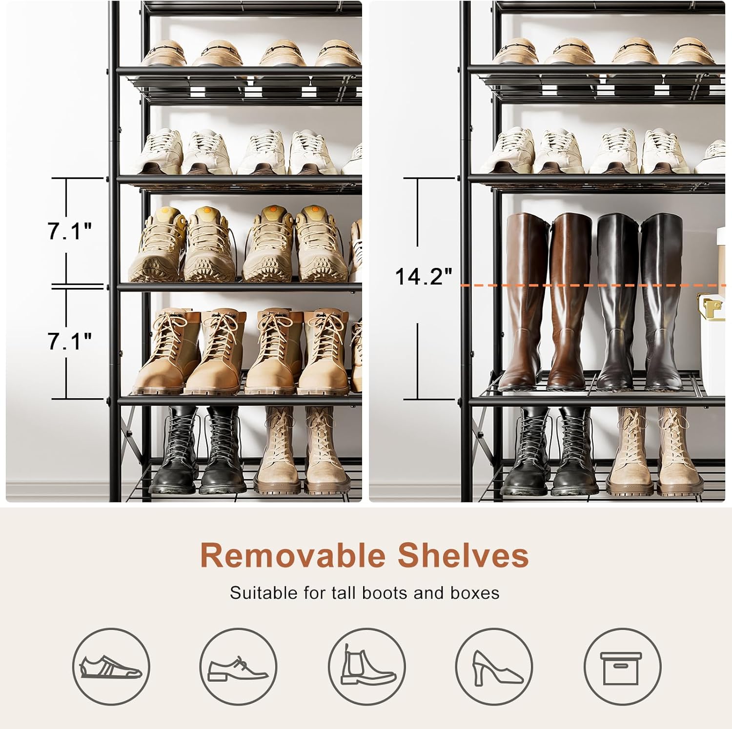 8-Tier Tall Shoe Rack Organizer Shoe Storage for Entryway 24-32 Pairs Metal Shoe Rack for Closet Heavy-Duty Shoe Rack with Wooden Top Shelf for Garage Rustic Brown